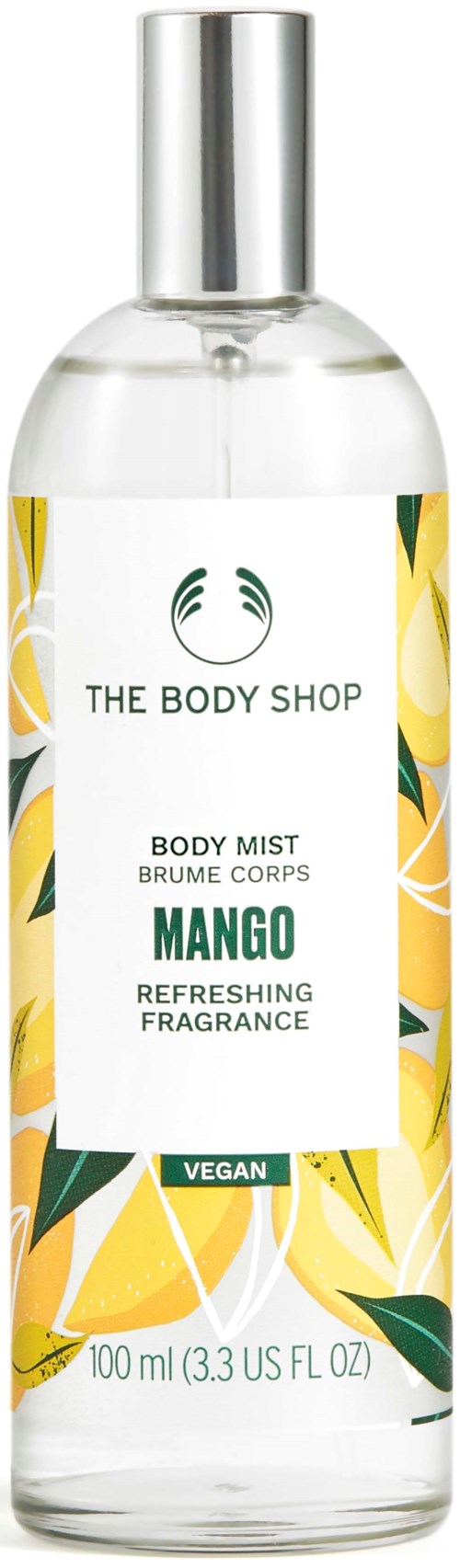 En klar sprayflaska med citron- och gröna bladmönster, märkt Mango body mist från The Body Shop.