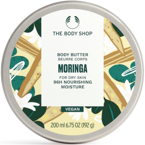 Runt behållare med vegansk kroppssmörj för torr hud med moringa, med gröna och beige bladmönster.
