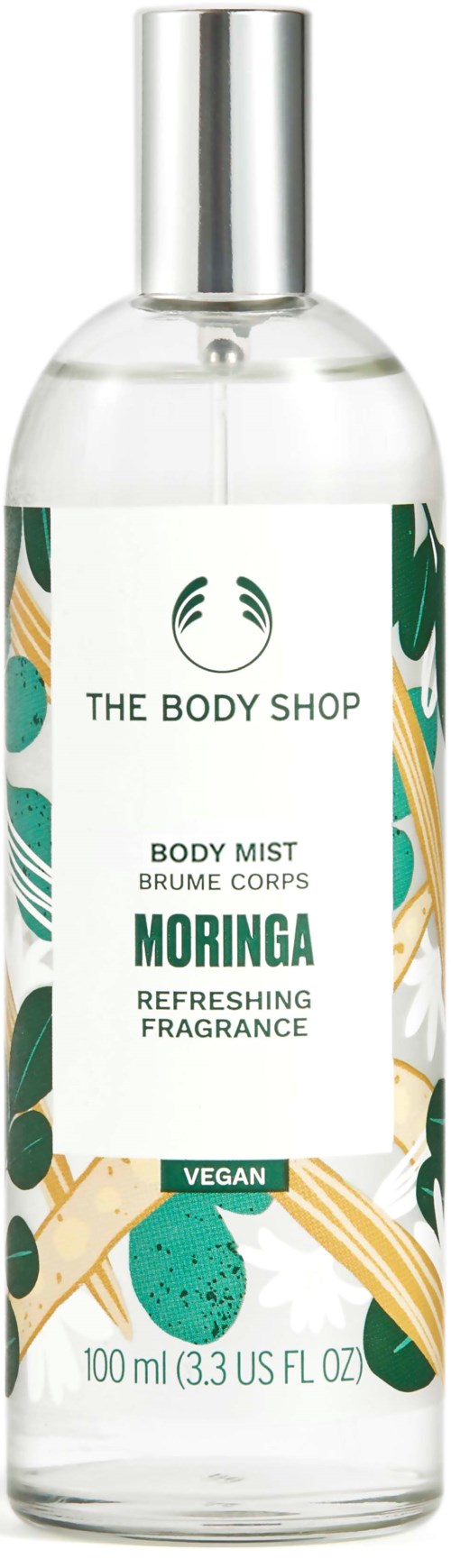 En klar sprayflaske merket 'The Body Shop Moringa Refreshing Fragrance' med grønn og gull design, vegansk produkt, 100 ml.
