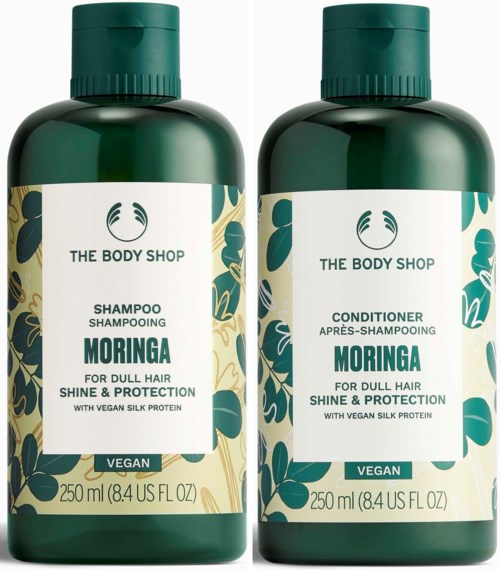 Two green bottles of Moringa shampoo and conditioner from The Body Shop, vegan, for dull hair, with shine and protection.