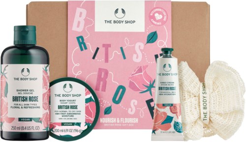 A gift set with tea, body lotion, shower gel, and a sponge, all from The Body Shop with British Rose scent.