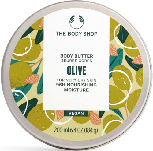 Et låg med body butter med oliveduft, vegansk, til tør hud, 200 ml, fra The Body Shop, med farverige olivillustrationer.