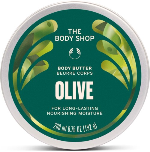 Sirkulært beger med grønn etikett som viser The Body Shop oliven kroppsmør for nærende hud, 200 ml.