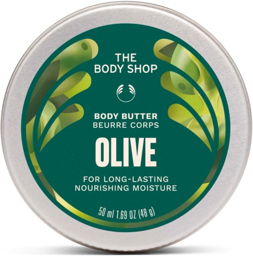 Rund beholderlokk med grønn etikett; inneholder olivkroppssmør for nærende hudfuktighet fra The Body Shop.