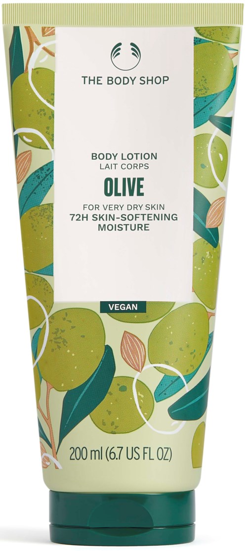 En tub med body lotion med illustration av gröna oliver och blad, märkt som vegansk, för mycket torr hud, 200 ml.