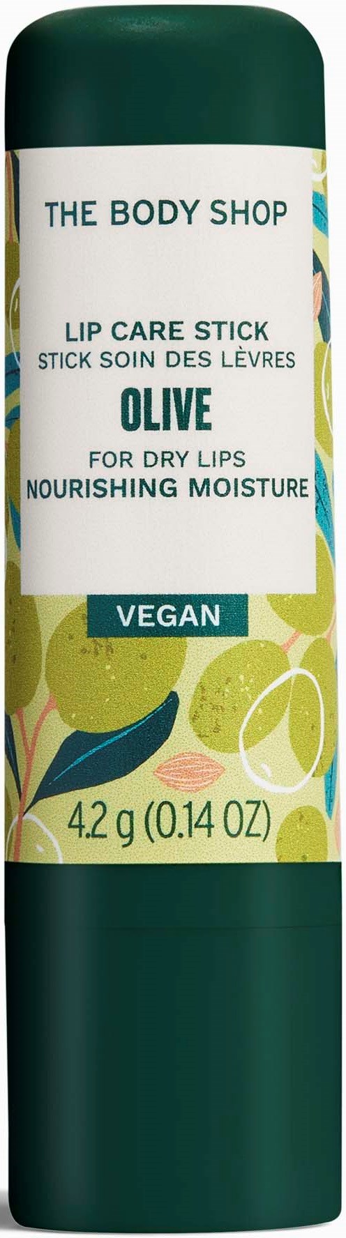 En grön och vit tub med läppvårdsstång med olivillustration, märkt som vegansk och för torra läppar, 4,2 g.
