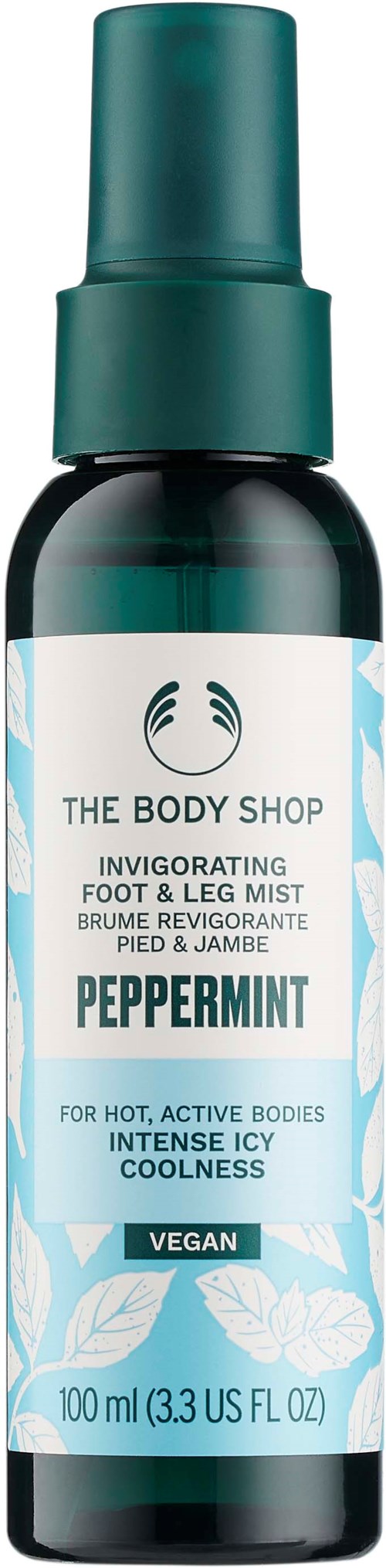En mintfärgad sprayflaska märkt 'Invigorating Foot & Leg Mist' av The Body Shop, avsedd att kyla och friska upp fötter och ben.