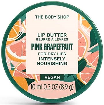 Sirkulært merke for Body Shop leppebalsam, smak av rosa grapefrukt, vegan, nærende for tørre lepper, 10 ml.