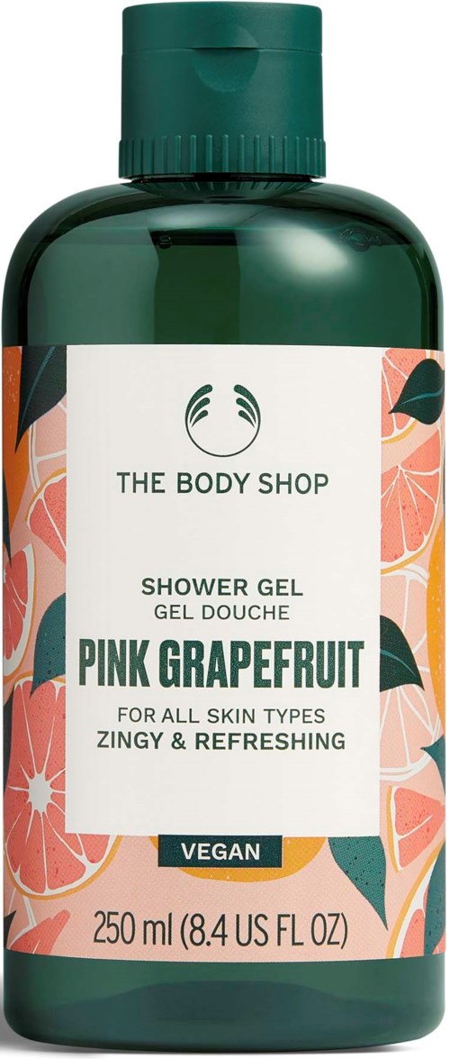 En grön flaska av The Body Shop pink grapefruit duschgel med färgglada grapefruit- och bladillustrationer.