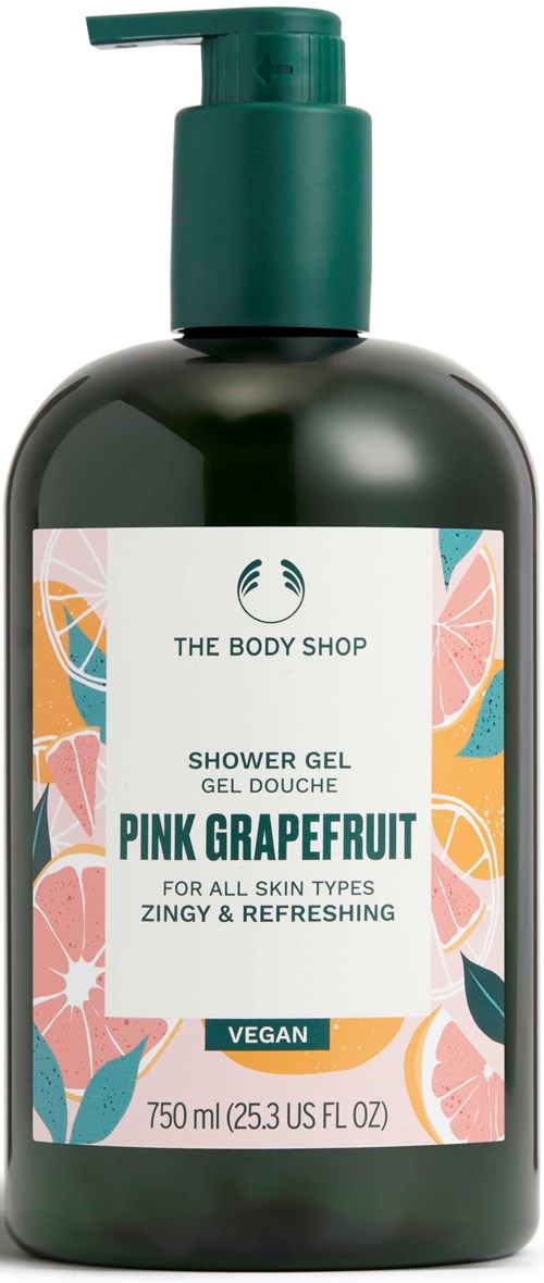 En grön flaska duschgel med cítrondoft, lämpar sig för alla hudtyper, vegansk och 750 ml storlek.