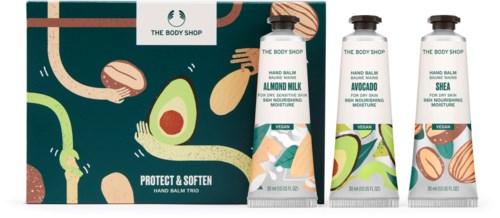 Tre tuber handbalsam framför en färgglad box med avokado-, mandel- och shea-illustrationer och en logga.