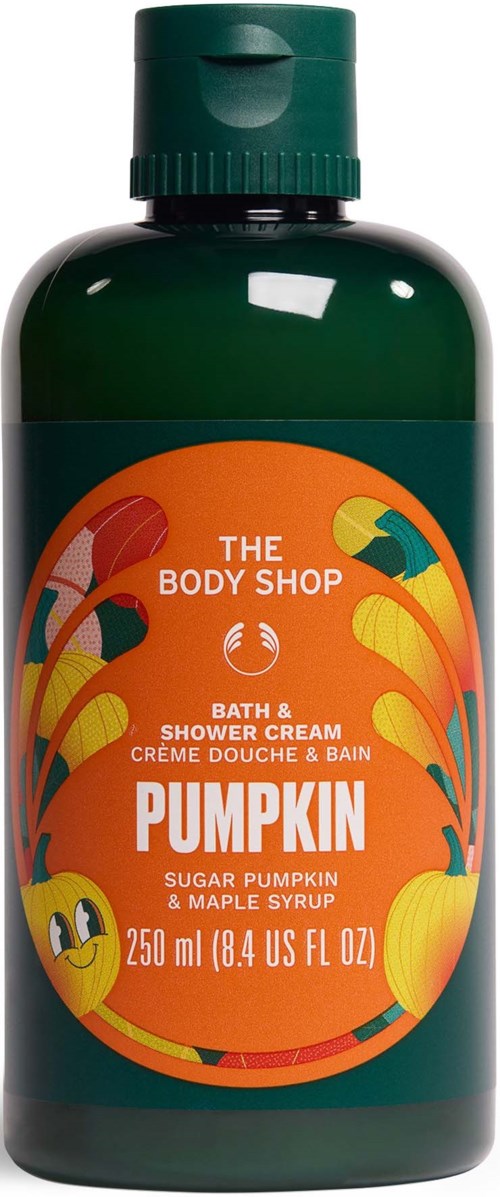 Grønn flaske fra The Body Shop med etikett med gresskar i oransje og gult for bad- og dusjsåpe.