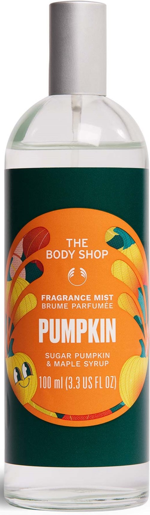 Doftmistflaska med en färgglad etikett med pumpor från The Body Shop.