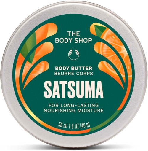 En rund beholder av The Body Shop Satsuma kroppsmør med oransje og grønne blader på etiketten.