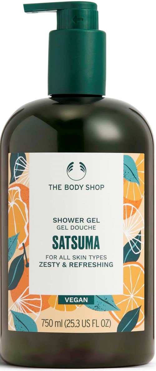 A dark green bottle with a pump, labeled as Satsuma shower gel for all skin types, vegan, 750 ml.