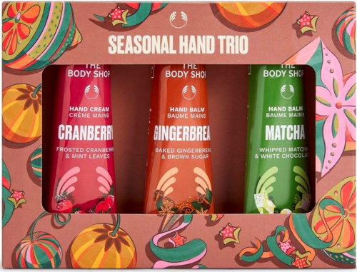 Saisonales Handcreme-Trio mit Cranberry, Lebkuchen- und Matcha-Duft in buntem Verpackung.