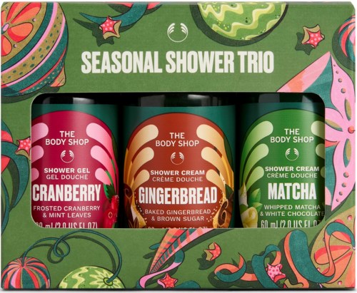 Dreiteiliges saisonales Duschset mit Cranberry-, Gingerbread- und Matcha-Düften in bunten Verpackungen.