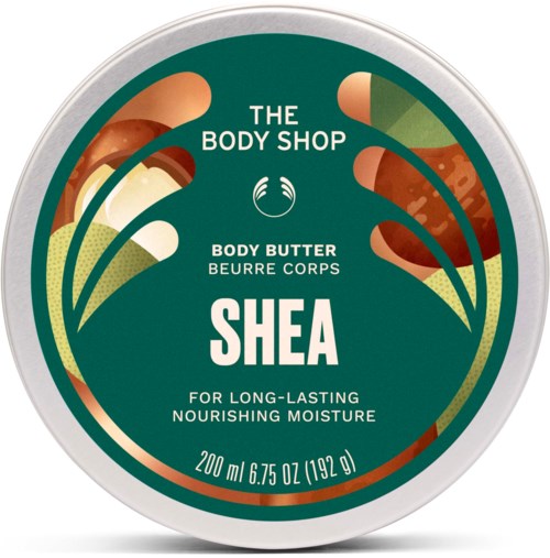 En rund beholder med shea kroppskrem fra The Body Shop, med teal og fargerike grafikker og produktdetaljer.