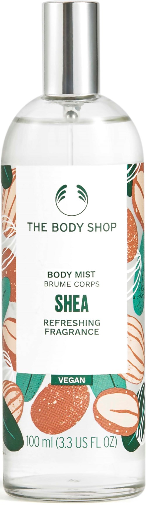 En klar kroppssprayflaske med botanisk designmerke, kalt Shea Refreshing Fragrance, vegansk, 100ml.