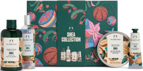Shea collection holiday gift set with body creams, shower cream, hand cream, and travel-sized products in colorful packaging.
