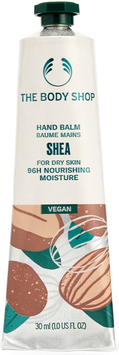 Eine Tube Handbalsam von 'The Body Shop' mit Sheabutter für trockene Haut, vegan.
