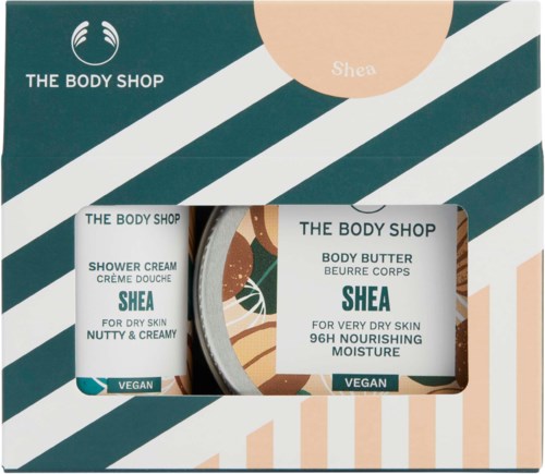 Sett med to hudpleieprodukter: dusjsåpe og kroppssmør, begge med shea, vegansk, for tørr hud, nærende.