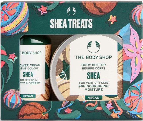 Pakke med SHEA THE BODY SHOP kroppsprodukter, inkludert body butter og dusjsåpe, med fargerike abstrakte design.