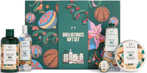 Shea Ultimate Gift Set includes skincare products in bottles and containers with a colorful, patterned box background.