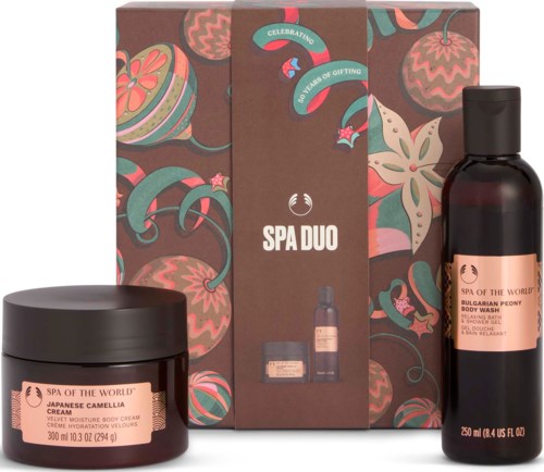 Spa Duo presentset med japansk kamelia kräm och kroppstvål i ett färgglatt blomsterpaket.