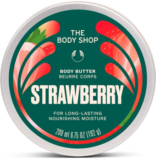 En rund krukke med jordbær-bodylotion fra The Body Shop med bilder av jordbær og grønne blader på etiketten.