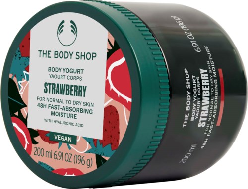 Ein Behälter mit Erdbeer-Geschmack Körper-Joghurt von The Body Shop, vegan, 200 ml, für feuchte Haut.
