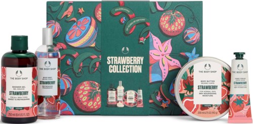 Pflege- und Körperpflegeprodukte der Strawberry Collection von The Body Shop, inklusive Lotion, Body Butter und Duschgel.