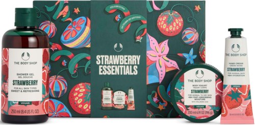 Erdbeer-Hautpflegeset mit Duschgel, Körperscrub und Lotionen, mit Erdbeeren und bunten Blumenmotiven.