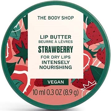 Okrągła etykieta wegańskiego masełka do ust o smaku truskawkowym, na suche usta, od The Body Shop, 10 ml.