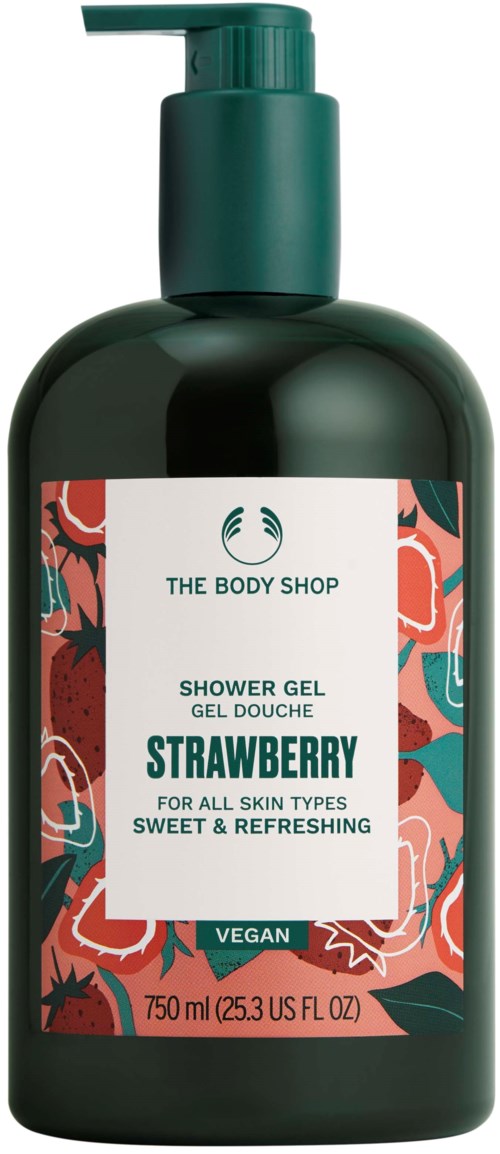 Tummanvihreä pullo, jossa pumppu, strawberry-käsienpesugeeli, vegaani, 750 ml, kaikille ihotyypeille.