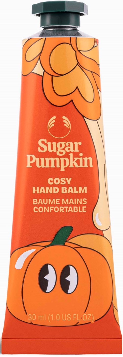 Oransje tube med et pumpkin ansiktet, merket 'Sugar Pumpkin' håndkrem, 30 ml. Har pumpkin illustrasjoner og tekst.