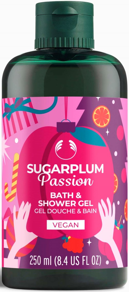 Vegaaninen kylpy- ja suihgelipullo nimeltä Sugarplum Passion, värikkäällä juhlafiiliksellä.