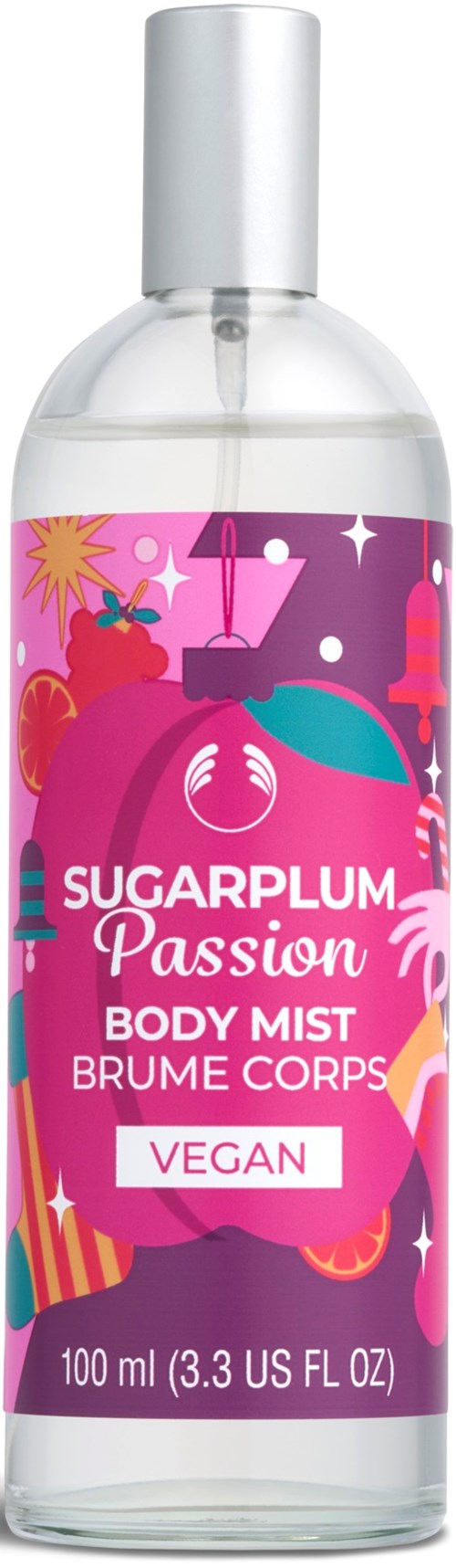 Färggad etikett med rosa, lila och blå färger, visar ett fartyg och frukt; vegansk kroppsspray av Sugarplum Passion.