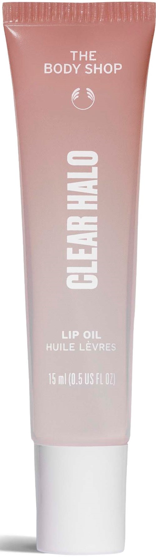 Roze tube lip olie van The Body Shop genaamd Clear Halo. Het bevat 15 ml.