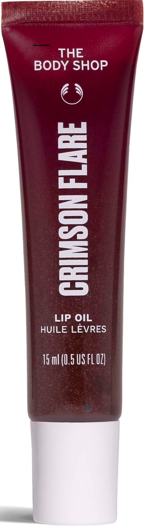 Rode tube Crayon Flare lip oil van The Body Shop met witte tekst en witte dop.