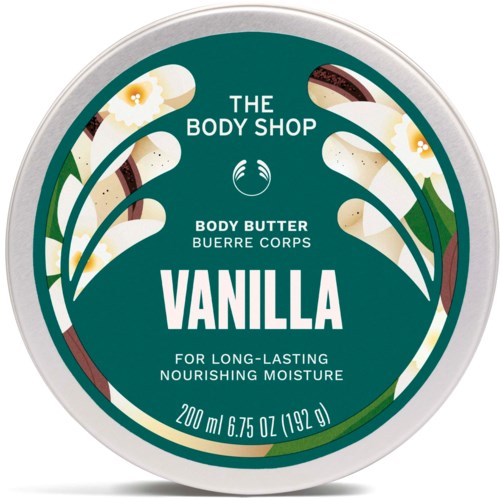 Vaniljekroppbalsam med blommor och blad i design, märkt av The Body Shop, ger närande fukt.