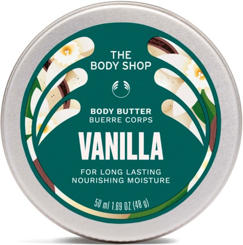 Etiketten är från The Body Shop vanilj kroppssmörj, som ger långvarigt närande fukt i en 50 ml behållare.