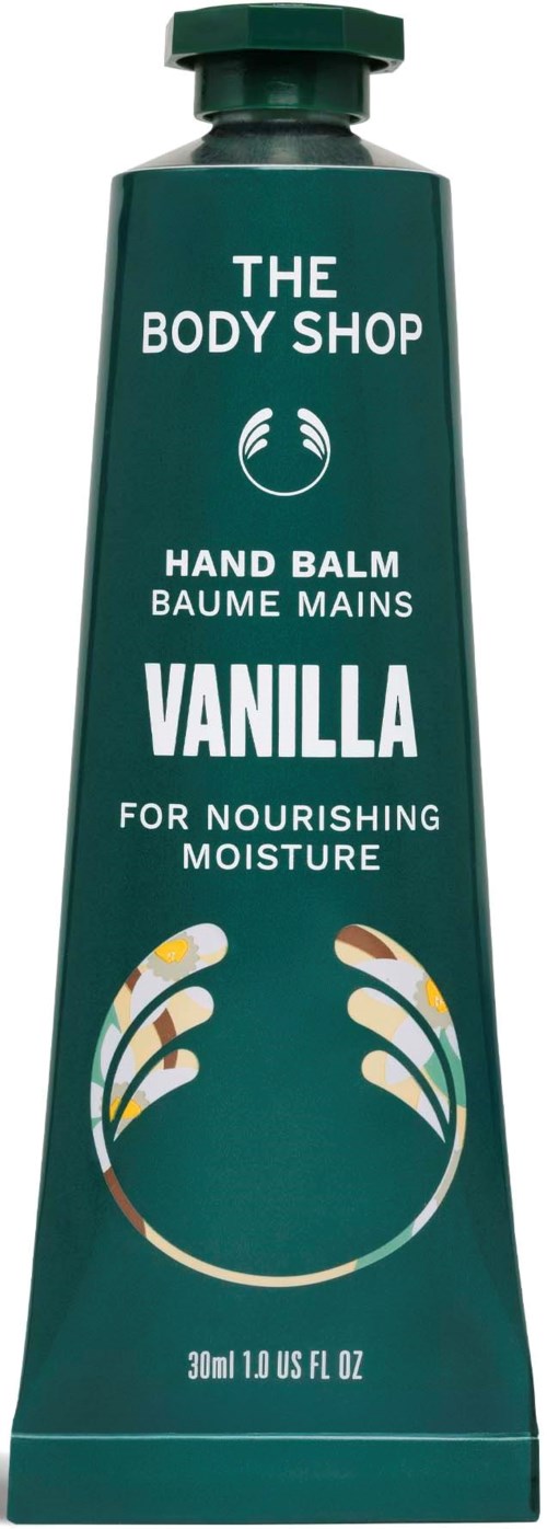 En tub med vaniljhandbalsam från The Body Shop för närande fukt. Grön förpackning, 30 ml, med en handgrafik.