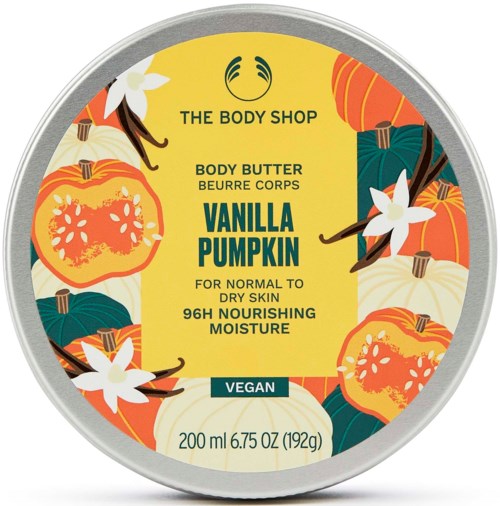 A round container label for Vanilla Pumpkin body butter with pumpkin, vanilla, and flower designs, highlighting vegan and nourishing qualities.
