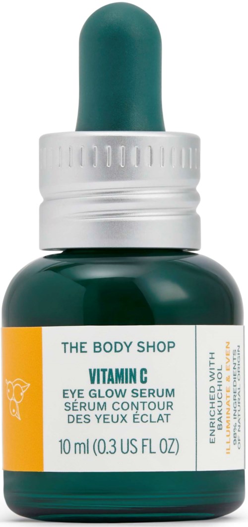 En liten grön flaska med pipettlock, märkt Vitamin C ögonserum från The Body Shop.