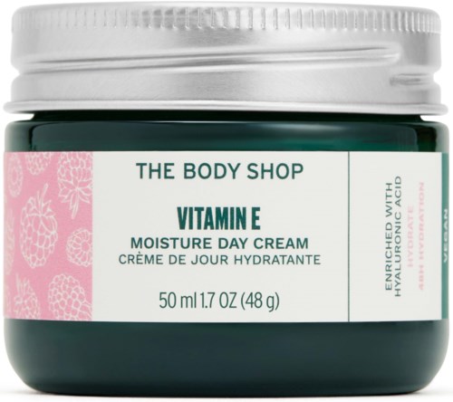 The Body Shop Vitamin E -kosteusvoide 50 ml, etiketti rosa kukkakuviolla.