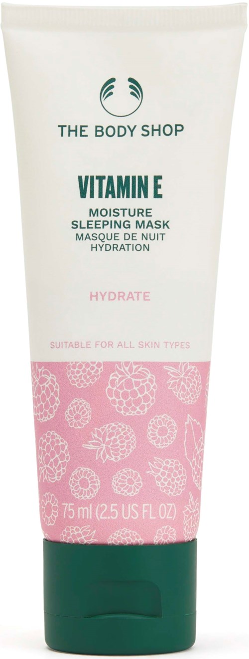 A tube of body cream with pinkberries design, labeled as Vitamin E moisturizing sleeping mask, suitable for all skin types.