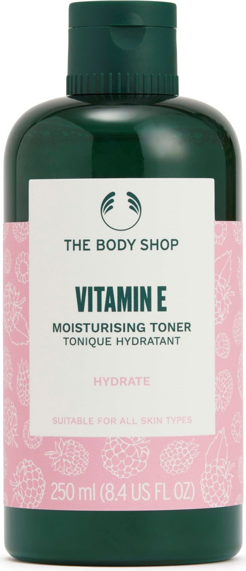 A green bottle of The Body Shop Vitamin E Moisturising Toner, which is suitable for all skin types and helps hydrate.