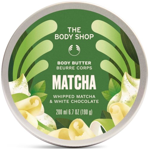 Container of The Body Shop matcha scented whipped body butter, with green and white design and product name.