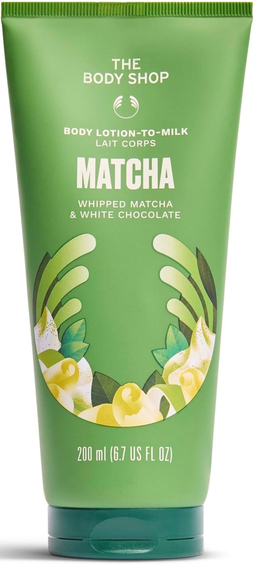 Grön tub med The Body Shop Matcha vete kroppslotion med blad och vita blommor illustration.